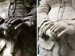 Julia Morison Bentley is wearing gloves. Before the restoration they were covered with black crust, mold and mildew. Here is a comparison to the same portion of the sculpture during restoration, with the cleaning progressing carefully.