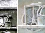Before and during photos of the relief carving of Benjamin Whiteheads steam engine, one of his inventions. With the cleaning we can once again see the work as intended by the sculptor, Lorenzo Orengo.